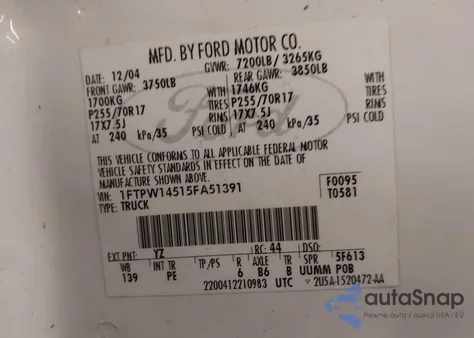 2005 Ford F-150 Fx4/Lariat/Xlt z USA, uszkodzony, nr VIN 1FTPW14515FA51391